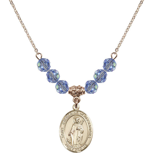14kt Gold Filled Saint Catherine of Alexandria Birthstone Necklace with Light Sapphire Beads - 8343