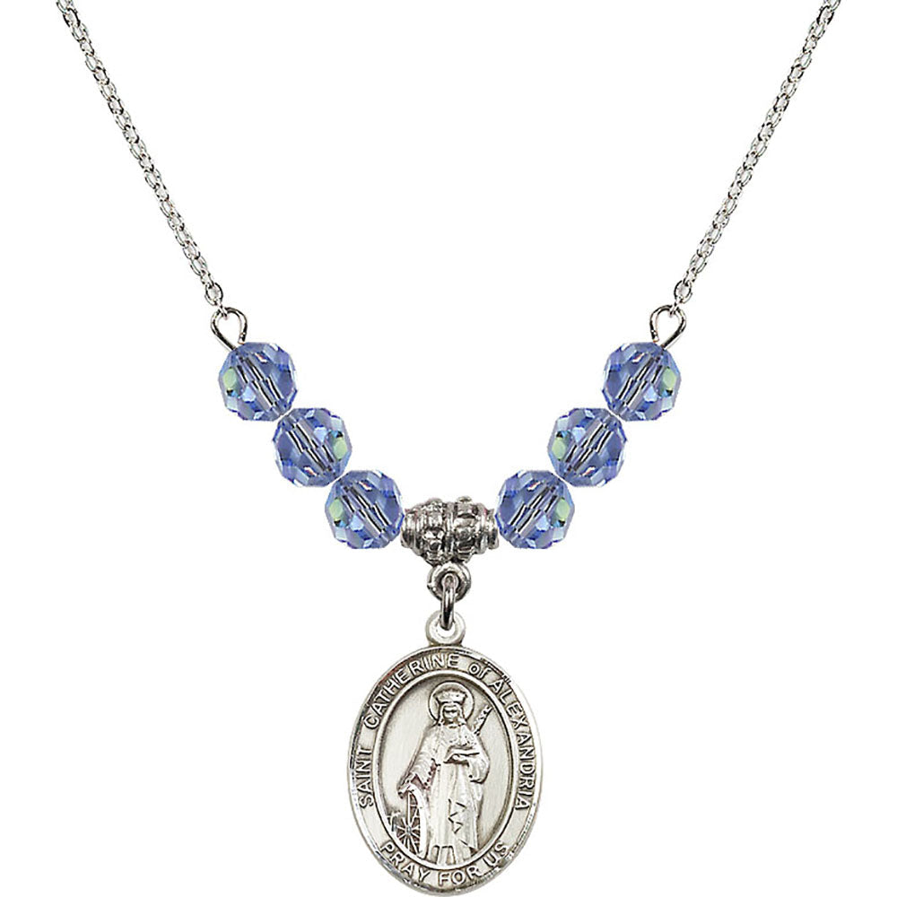 Sterling Silver Saint Catherine of Alexandria Birthstone Necklace with Light Sapphire Beads - 8343