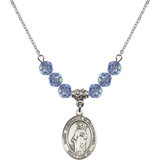Sterling Silver Saint Catherine of Alexandria Birthstone Necklace with Light Sapphire Beads - 8343
