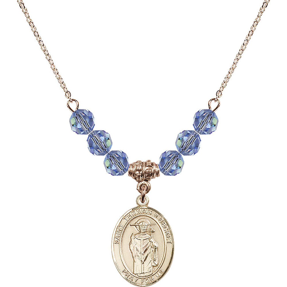 14kt Gold Filled Saint Thomas A Becket Birthstone Necklace with Light Sapphire Beads - 8344
