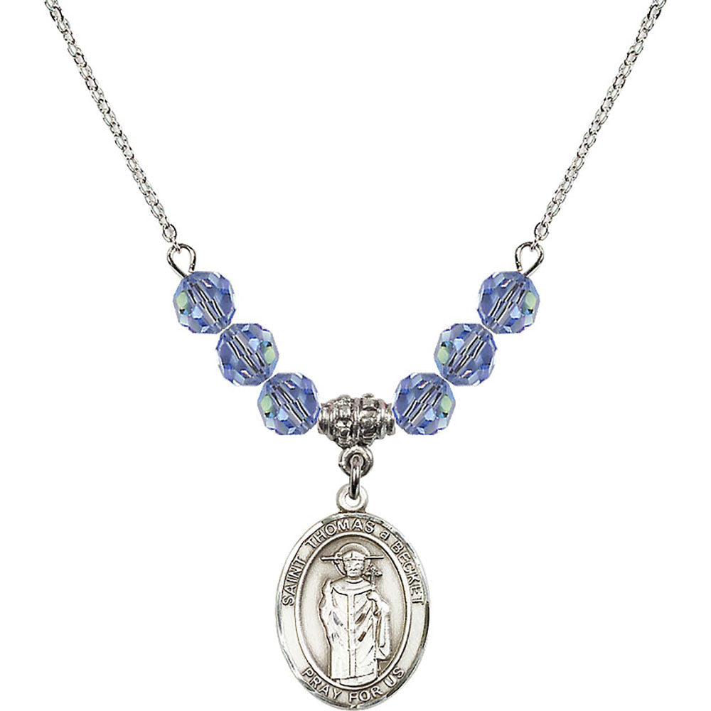Sterling Silver Saint Thomas A Becket Birthstone Necklace with Light Sapphire Beads - 8344