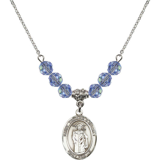 Sterling Silver Saint Thomas A Becket Birthstone Necklace with Light Sapphire Beads - 8344