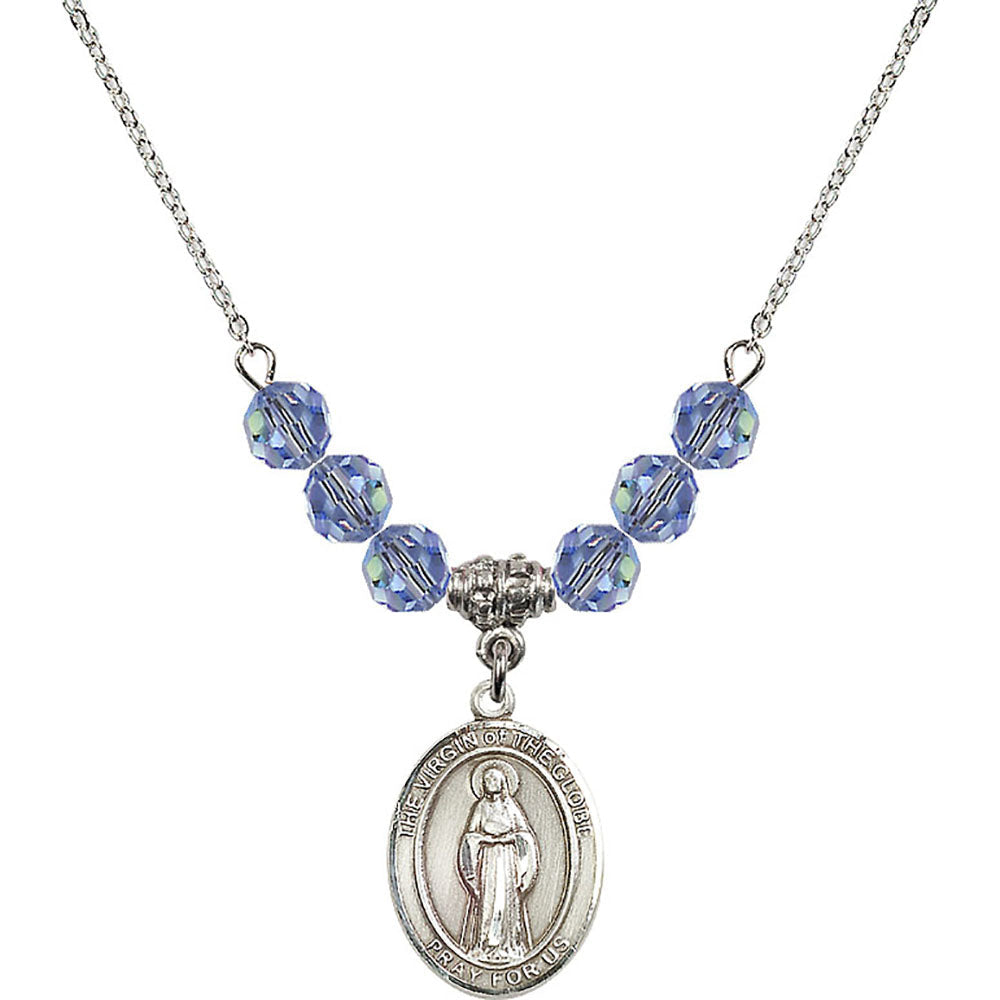 Sterling Silver Virgin of the Globe Birthstone Necklace with Light Sapphire Beads - 8345