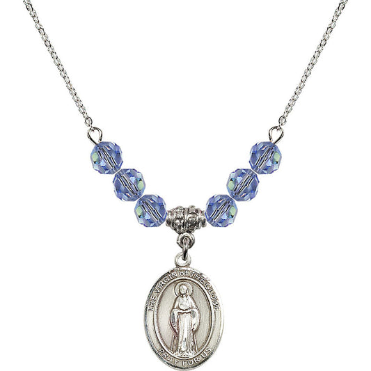 Sterling Silver Virgin of the Globe Birthstone Necklace with Light Sapphire Beads - 8345