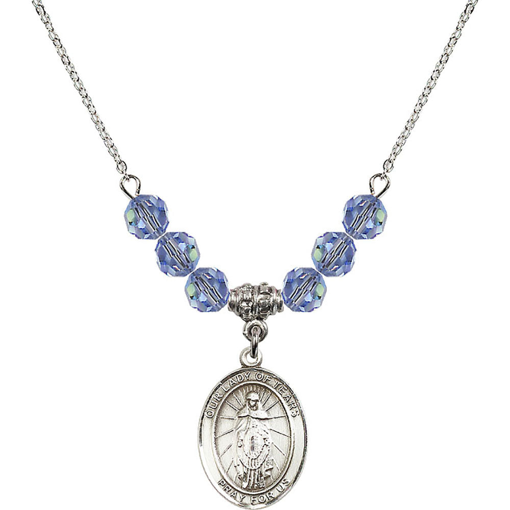 Sterling Silver Our Lady of Tears Birthstone Necklace with Light Sapphire Beads - 8346