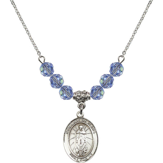 Sterling Silver Our Lady of Tears Birthstone Necklace with Light Sapphire Beads - 8346