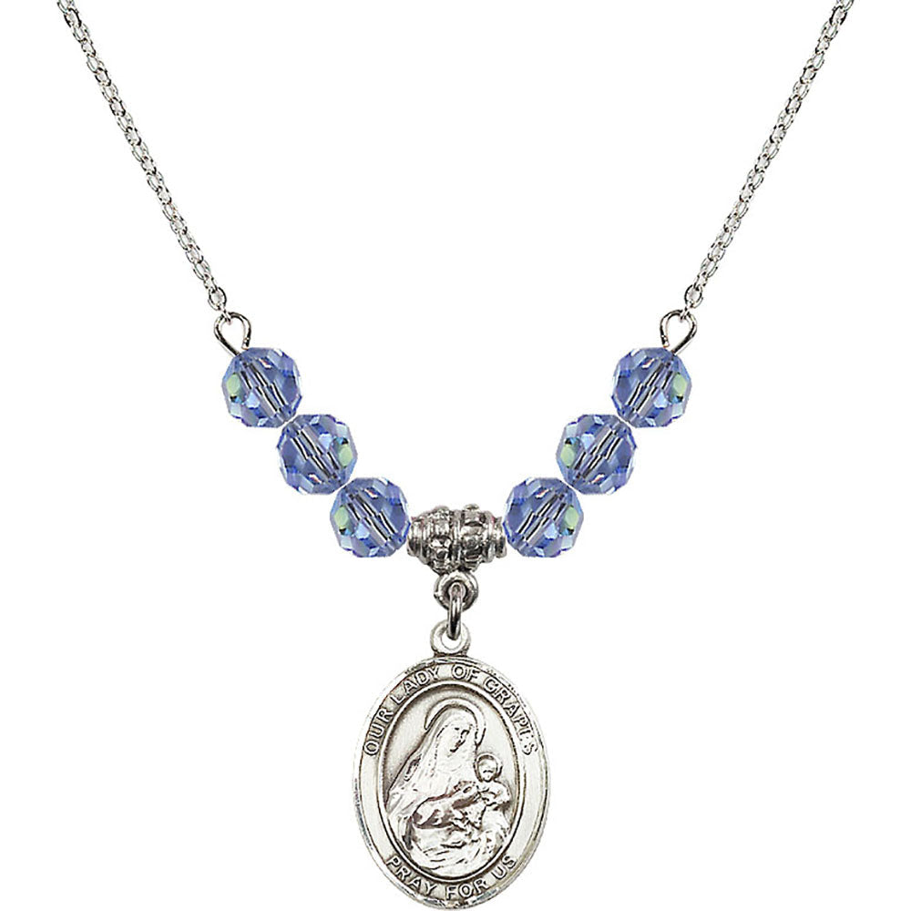 Sterling Silver Our Lady of Grapes Birthstone Necklace with Light Sapphire Beads - 8347