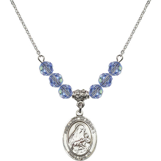 Sterling Silver Our Lady of Grapes Birthstone Necklace with Light Sapphire Beads - 8347