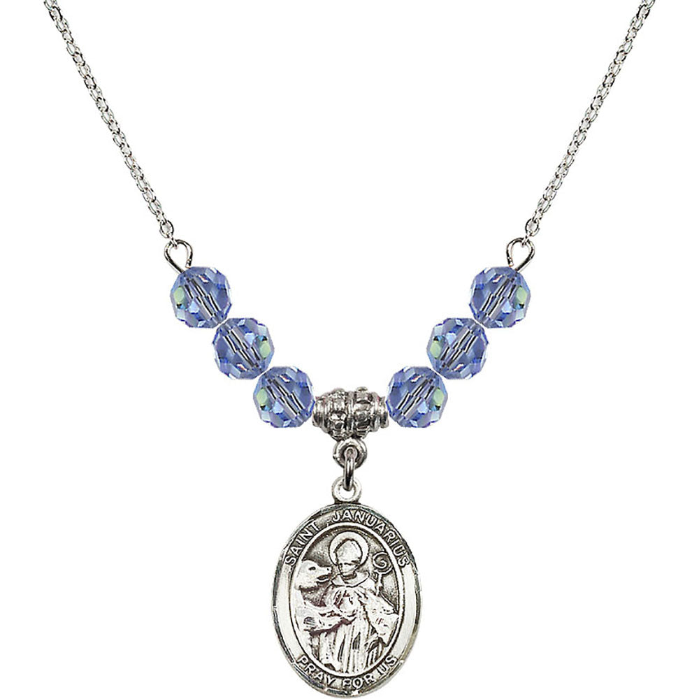 Sterling Silver Saint Januarius Birthstone Necklace with Light Sapphire Beads - 8351