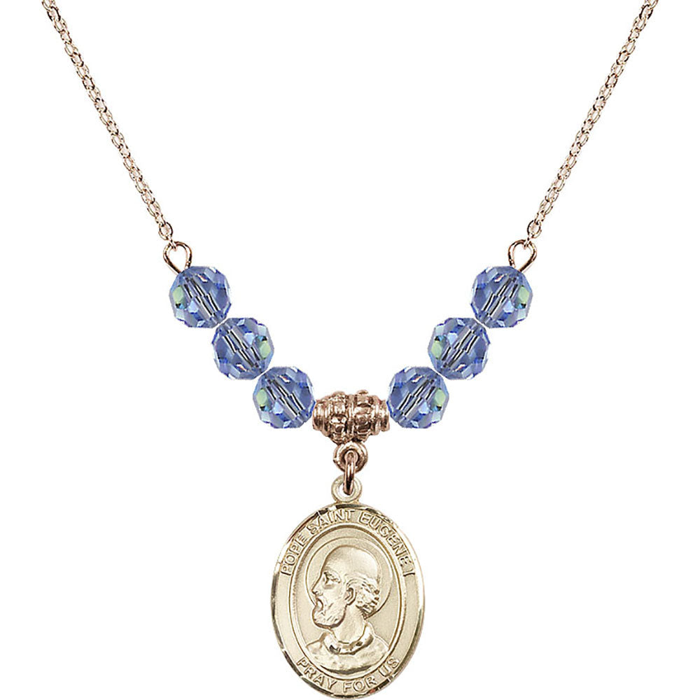 14kt Gold Filled Pope Saint Eugene I Birthstone Necklace with Light Sapphire Beads - 8352