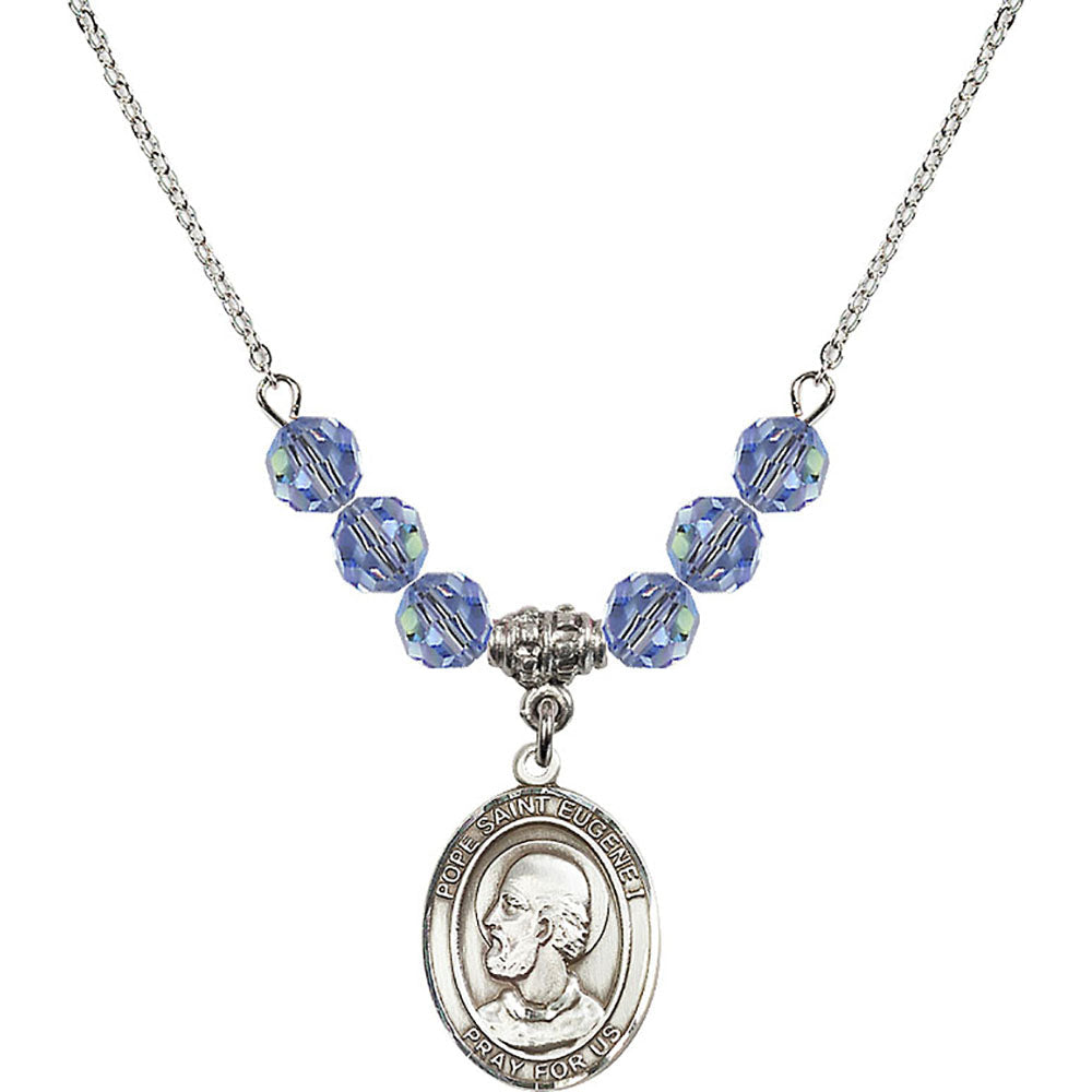 Sterling Silver Pope Saint Eugene I Birthstone Necklace with Light Sapphire Beads - 8352