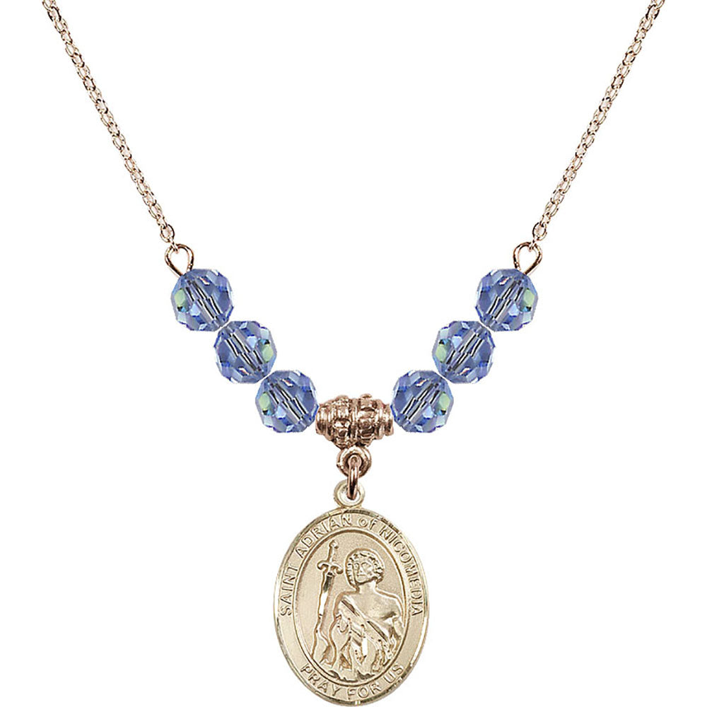 14kt Gold Filled Saint Adrian of Nicomedia Birthstone Necklace with Light Sapphire Beads - 8353