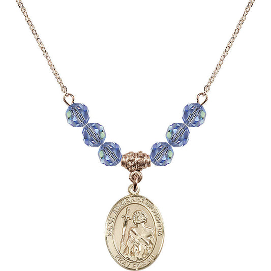14kt Gold Filled Saint Adrian of Nicomedia Birthstone Necklace with Light Sapphire Beads - 8353