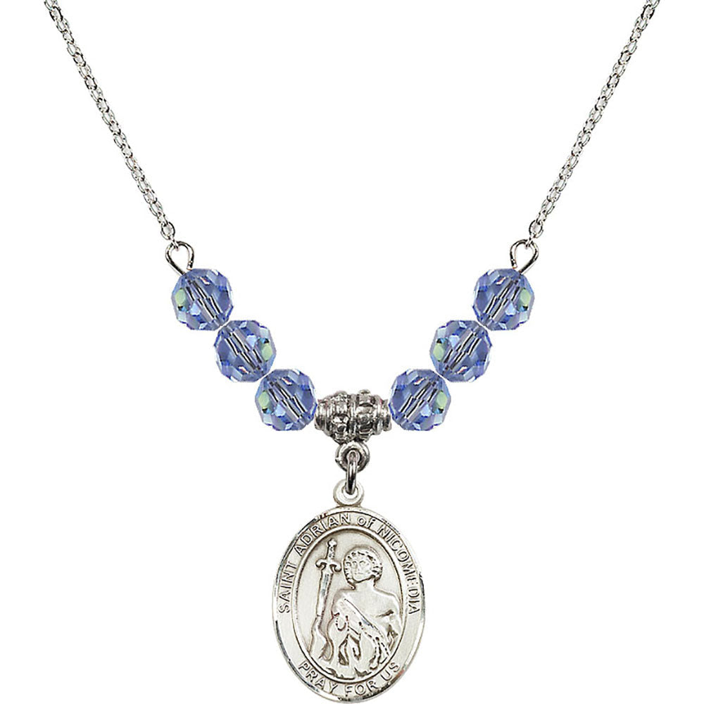 Sterling Silver Saint Adrian of Nicomedia Birthstone Necklace with Light Sapphire Beads - 8353