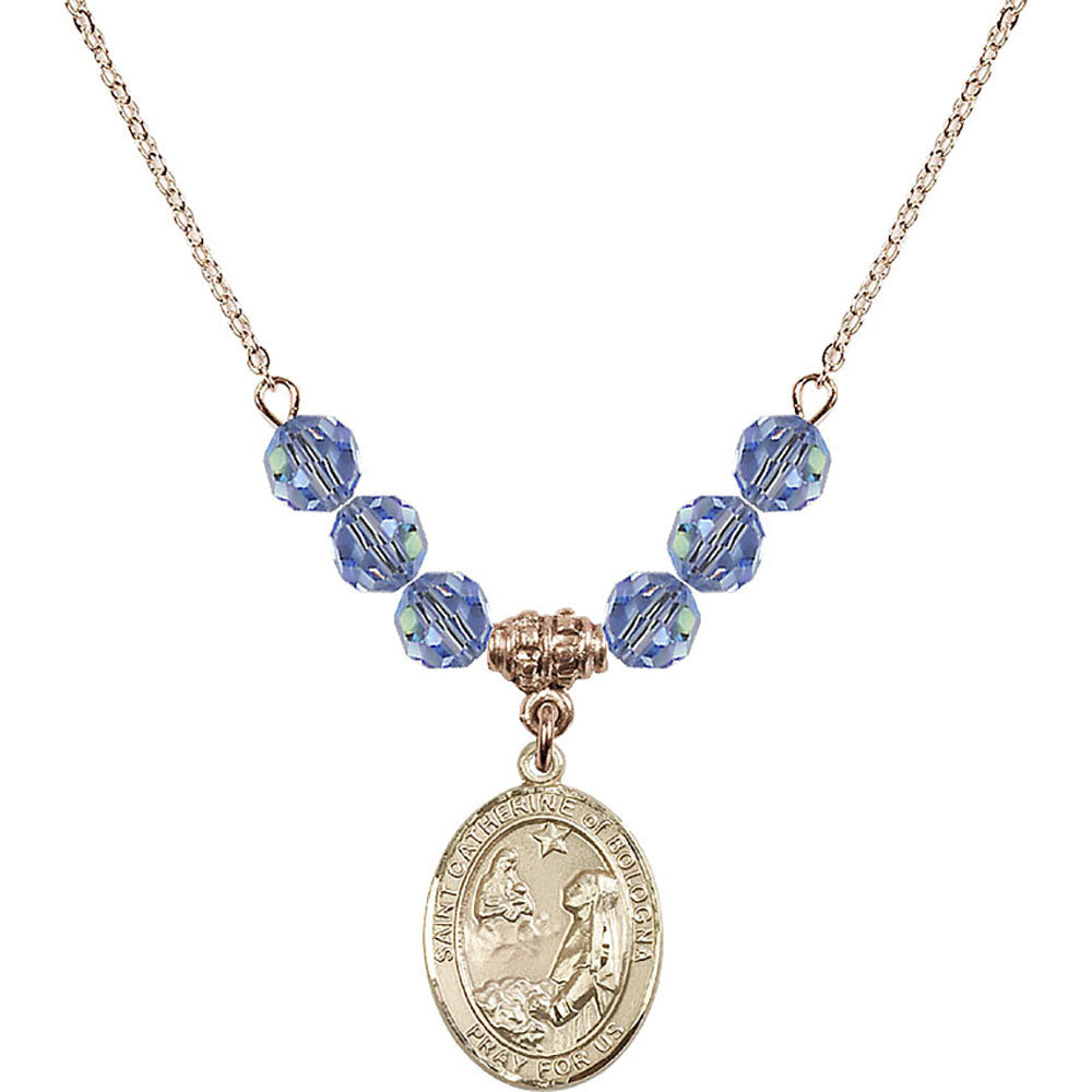 14kt Gold Filled Saint Catherine of Bologna Birthstone Necklace with Light Sapphire Beads - 8354