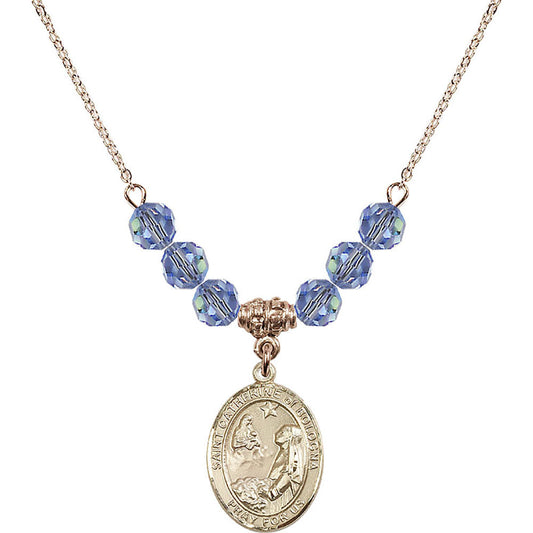 14kt Gold Filled Saint Catherine of Bologna Birthstone Necklace with Light Sapphire Beads - 8354