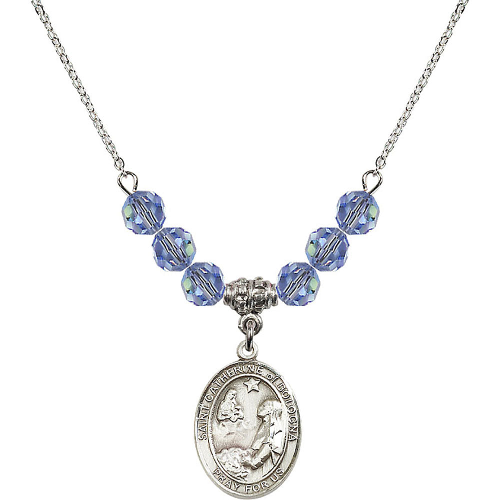 Sterling Silver Saint Catherine of Bologna Birthstone Necklace with Light Sapphire Beads - 8354