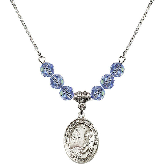 Sterling Silver Saint Catherine of Bologna Birthstone Necklace with Light Sapphire Beads - 8354
