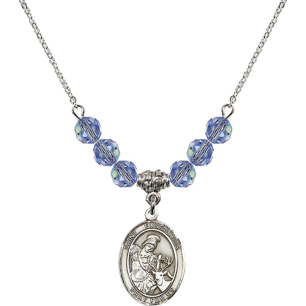 Sterling Silver Saint Eustachius Birthstone Necklace with Light Sapphire Beads - 8356