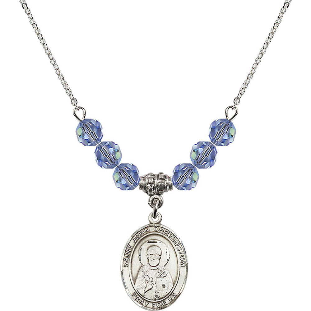 Sterling Silver Saint John Chrysostom Birthstone Necklace with Light Sapphire Beads - 8357