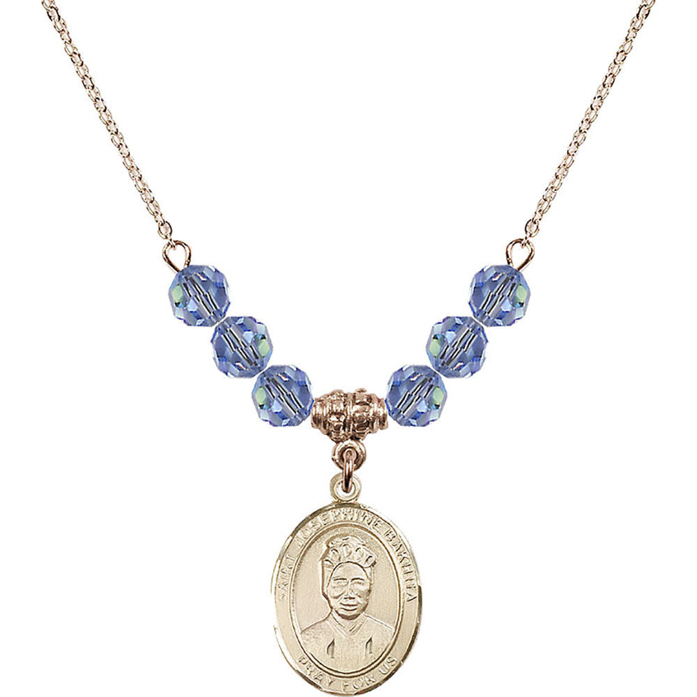 14kt Gold Filled Saint Josephine Bakhita Birthstone Necklace with Light Sapphire Beads - 8360