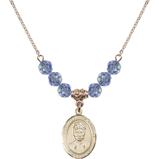 14kt Gold Filled Saint Josephine Bakhita Birthstone Necklace with Light Sapphire Beads - 8360