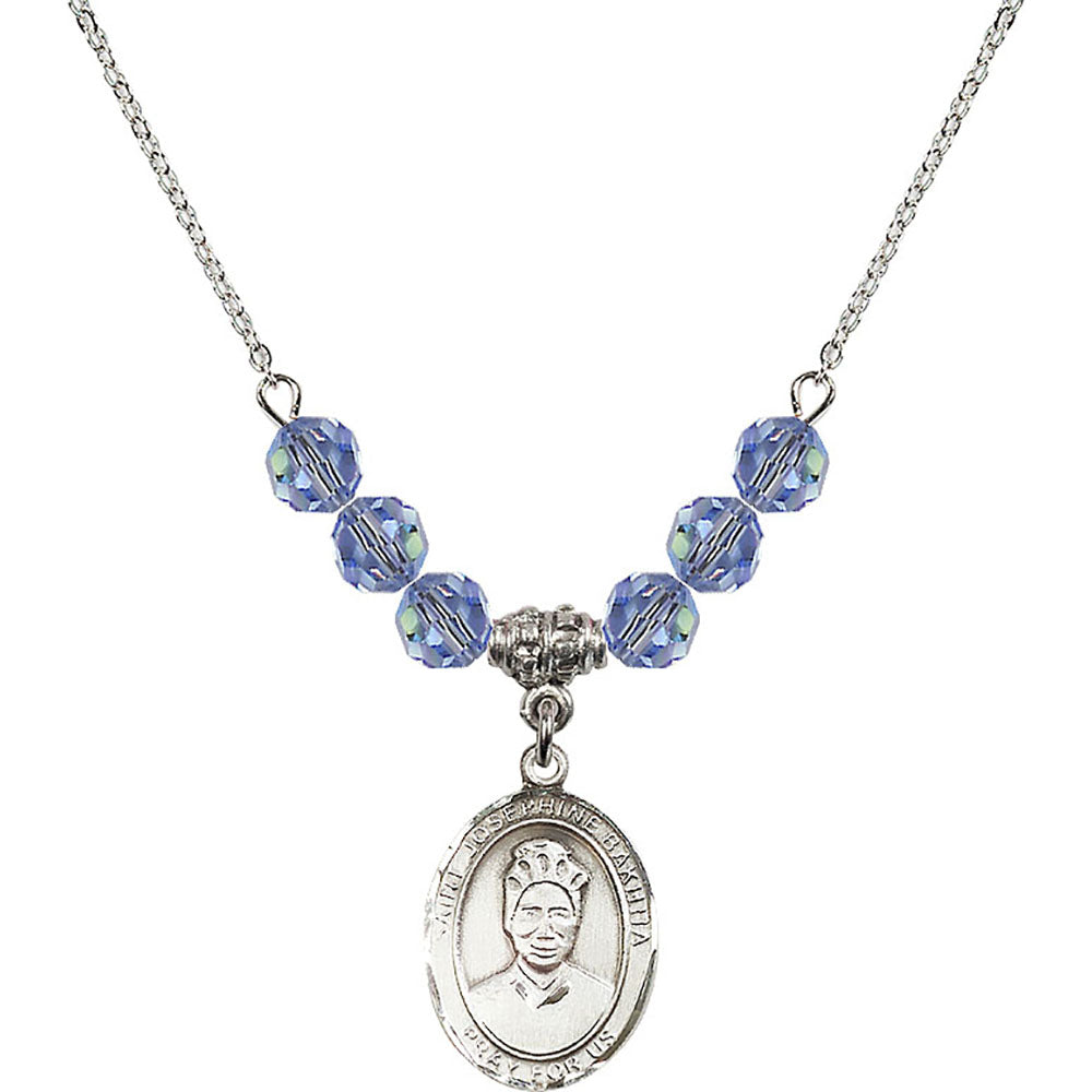 Sterling Silver Saint Josephine Bakhita Birthstone Necklace with Light Sapphire Beads - 8360