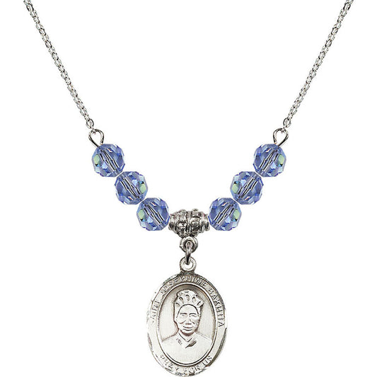 Sterling Silver Saint Josephine Bakhita Birthstone Necklace with Light Sapphire Beads - 8360