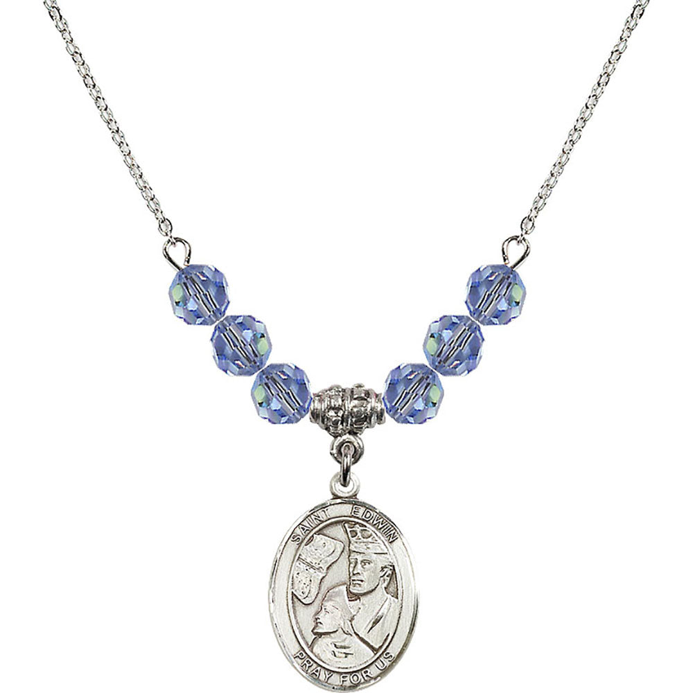 Sterling Silver Saint Edwin Birthstone Necklace with Light Sapphire Beads - 8361