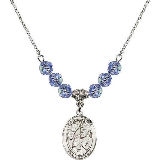 Sterling Silver Saint Edwin Birthstone Necklace with Light Sapphire Beads - 8361