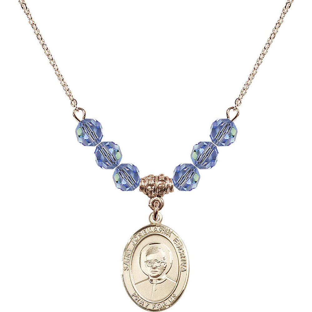 14kt Gold Filled Saint Josemaria Escriva Birthstone Necklace with Light Sapphire Beads - 8362