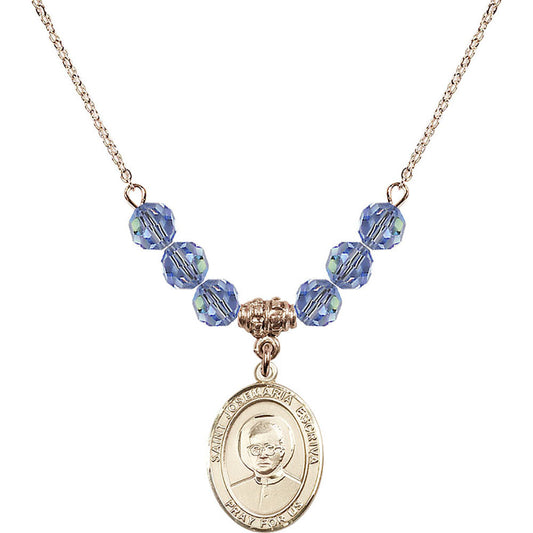 14kt Gold Filled Saint Josemaria Escriva Birthstone Necklace with Light Sapphire Beads - 8362