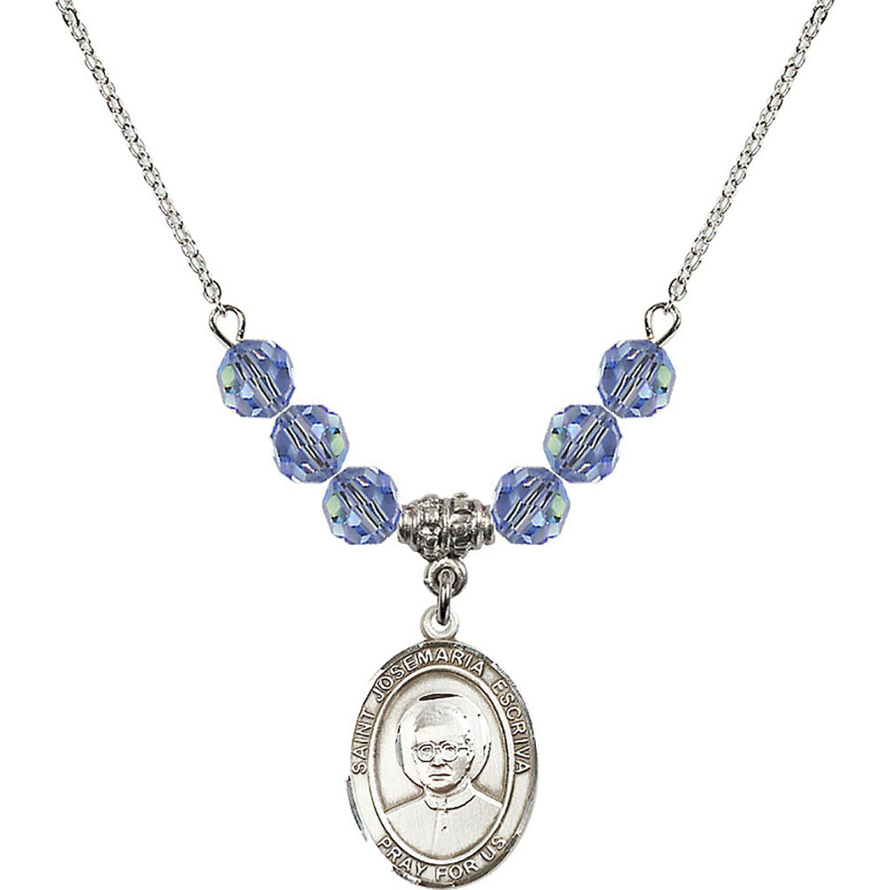 Sterling Silver Saint Josemaria Escriva Birthstone Necklace with Light Sapphire Beads - 8362