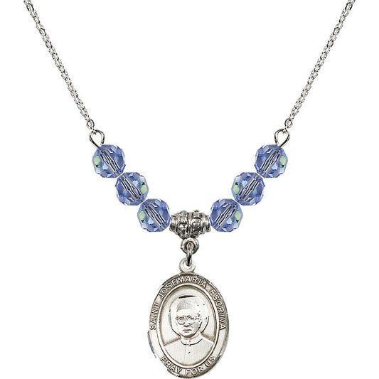 Sterling Silver Saint Josemaria Escriva Birthstone Necklace with Light Sapphire Beads - 8362