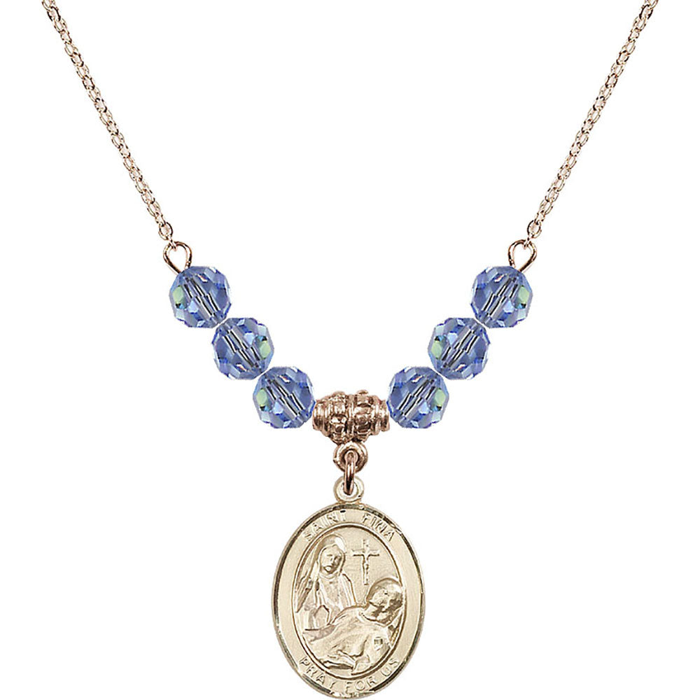 14kt Gold Filled Saint Fina Birthstone Necklace with Light Sapphire Beads - 8364