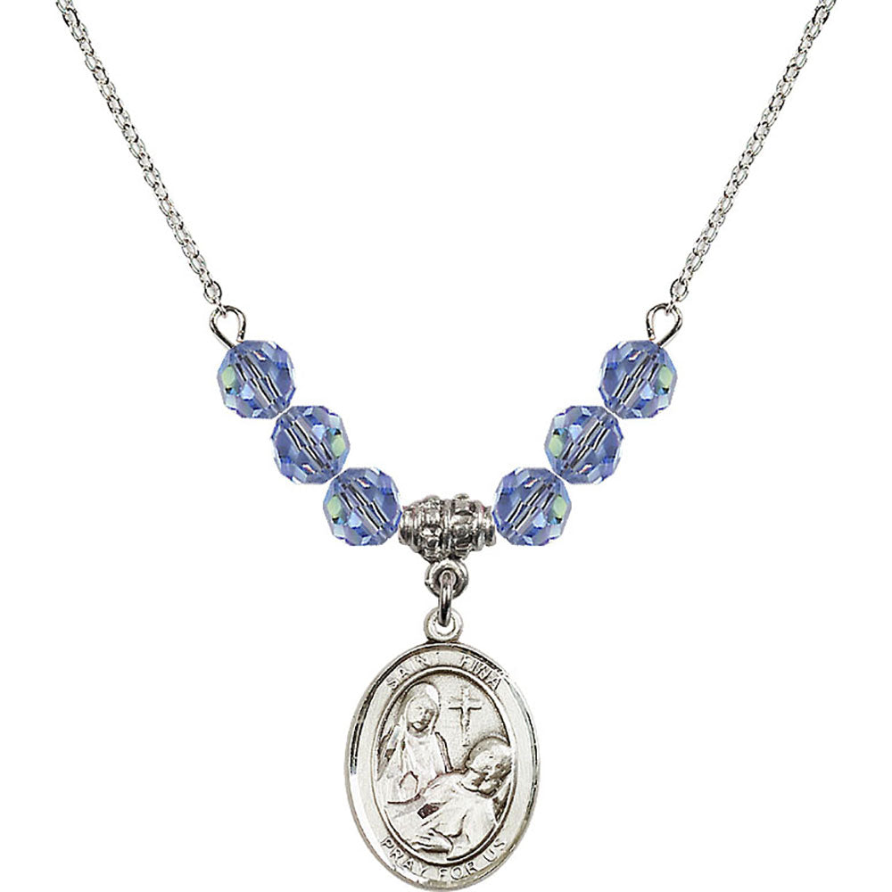 Sterling Silver Saint Fina Birthstone Necklace with Light Sapphire Beads - 8364