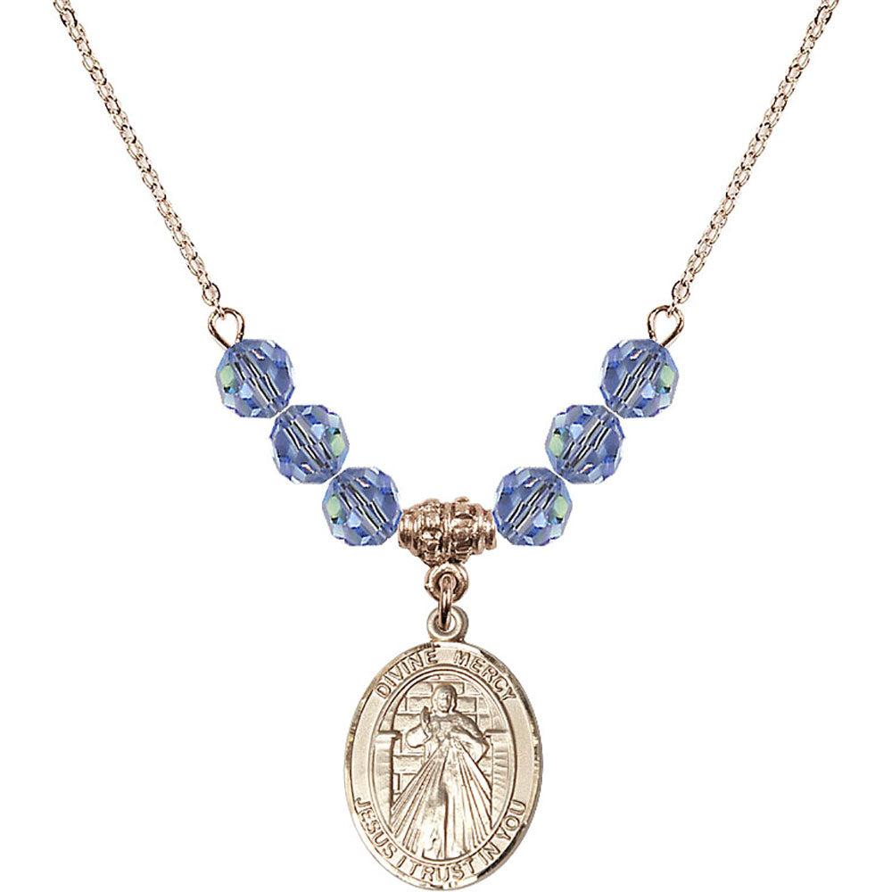 14kt Gold Filled Divine Mercy Birthstone Necklace with Light Sapphire Beads - 8366