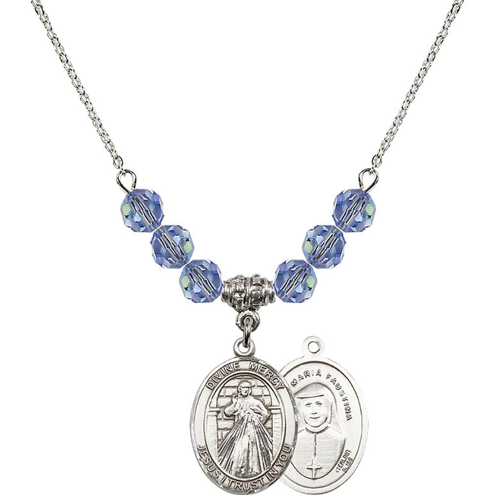 Sterling Silver Divine Mercy Birthstone Necklace with Light Sapphire Beads - 8366
