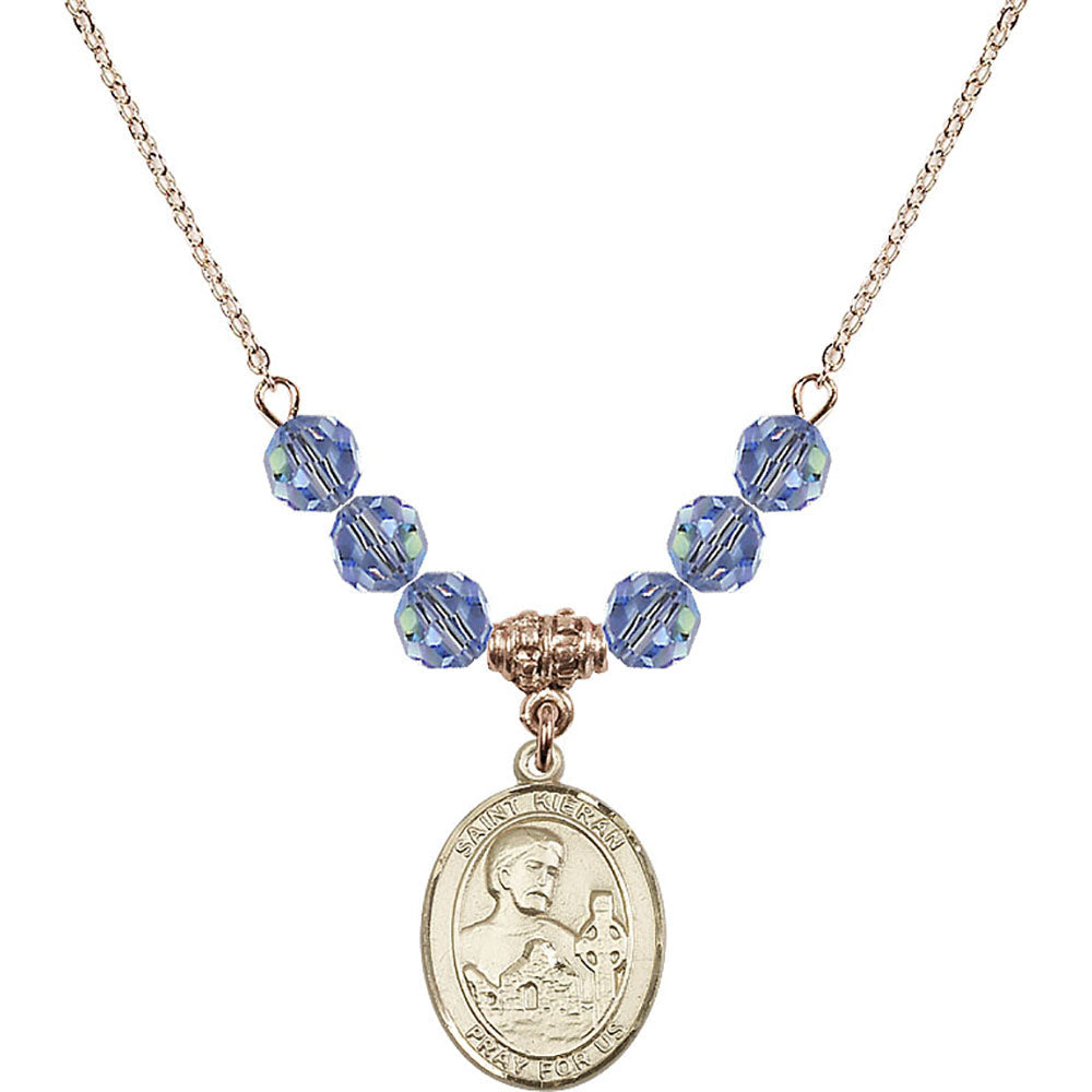 14kt Gold Filled Saint Kieran Birthstone Necklace with Light Sapphire Beads - 8367