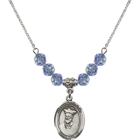 Sterling Silver Saint Philip Neri Birthstone Necklace with Light Sapphire Beads - 8369
