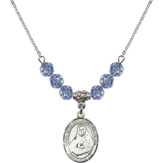 Sterling Silver Saint Rose Philippine Duchesne Birthstone Necklace with Light Sapphire Beads - 8371