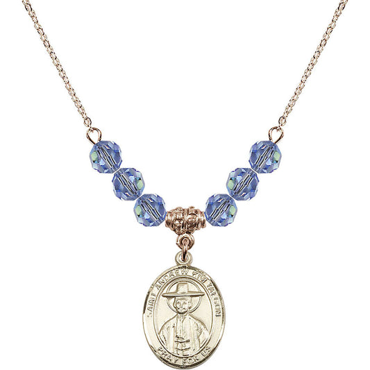 14kt Gold Filled Saint Andrew Kim Taegon Birthstone Necklace with Light Sapphire Beads - 8373