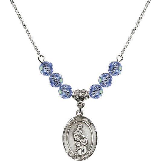 Sterling Silver Saint Anne Birthstone Necklace with Light Sapphire Beads - 8374