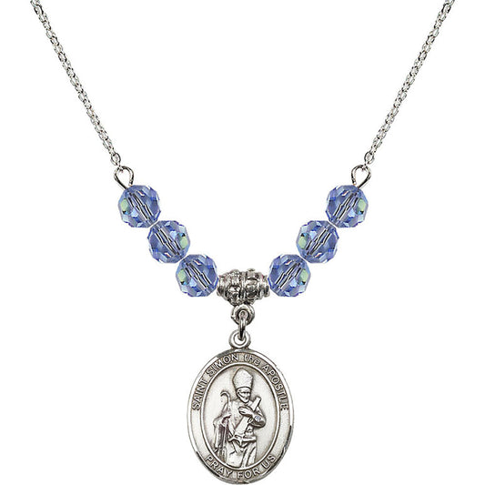 Sterling Silver Saint Simon the Apostle Birthstone Necklace with Light Sapphire Beads - 8375