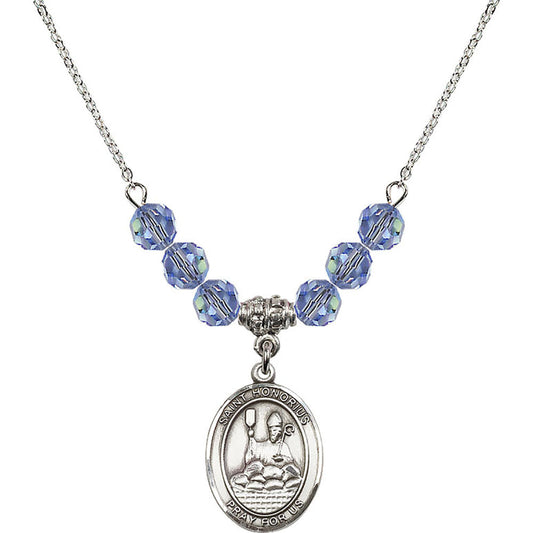 Sterling Silver Saint Honorius of Amiens Birthstone Necklace with Light Sapphire Beads - 8376