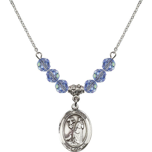 Sterling Silver Saint Rocco Birthstone Necklace with Light Sapphire Beads - 8377