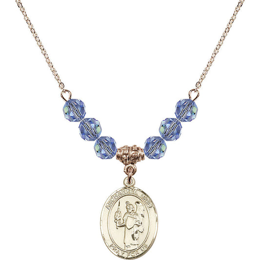 14kt Gold Filled Saint Uriel the Archangel Birthstone Necklace with Light Sapphire Beads - 8378