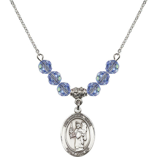 Sterling Silver Saint Uriel the Archangel Birthstone Necklace with Light Sapphire Beads - 8378