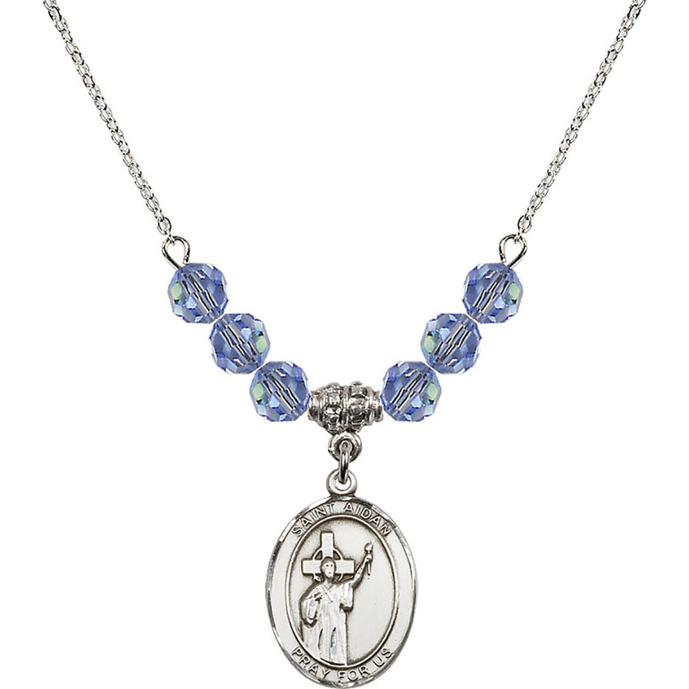 Sterling Silver Saint Aidan of Lindesfarne Birthstone Necklace with Light Sapphire Beads - 8381