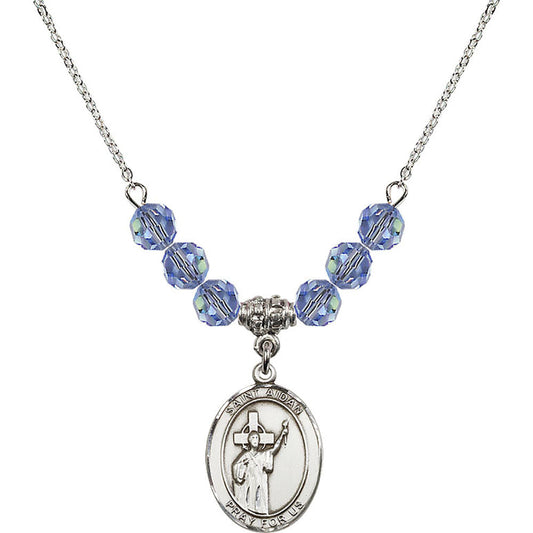 Sterling Silver Saint Aidan of Lindesfarne Birthstone Necklace with Light Sapphire Beads - 8381